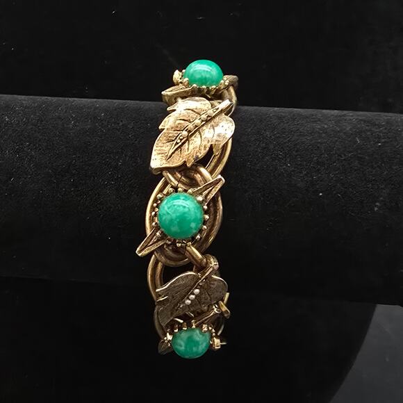 Vintage Peking Glass Leaf Bracelet Gold Tone Faux Seed Pearls Leaves - Picture 4 of 9